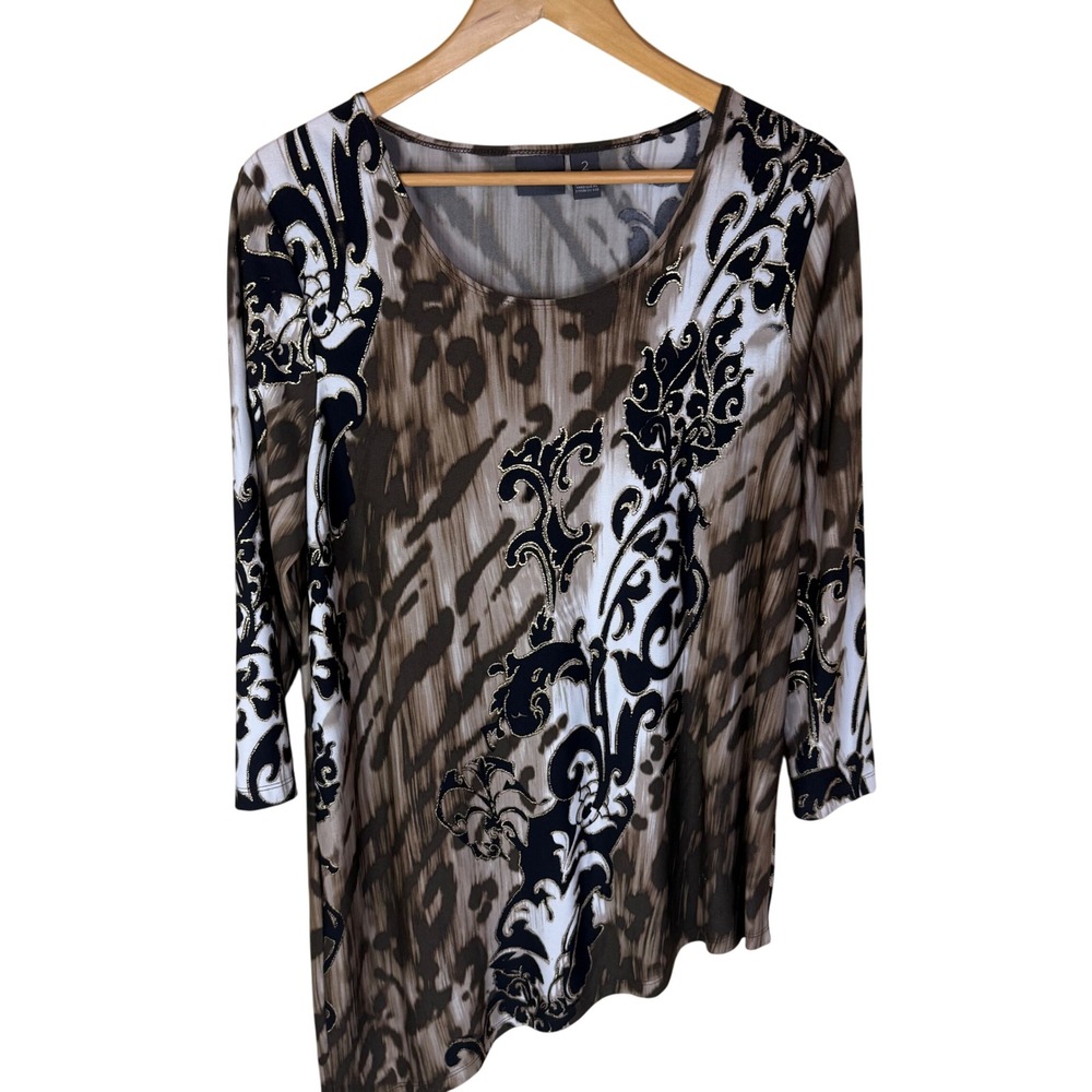 Travelers by Chico's Top Size 12 Brown Black White Gold Embellished Asymmetrical